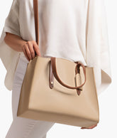 Off-white with brown multi compartment satchel bag